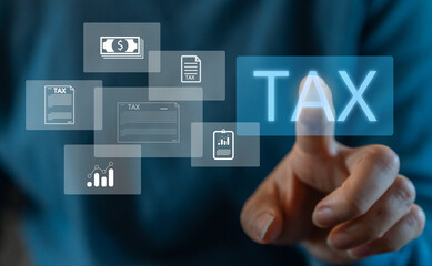 Human with TAX for Individual income tax return paying bill, E-tax, credit card, finance, Data analysis, tax, vat, government, payment, tax refund, budget, debt, money.financial and accounting concept