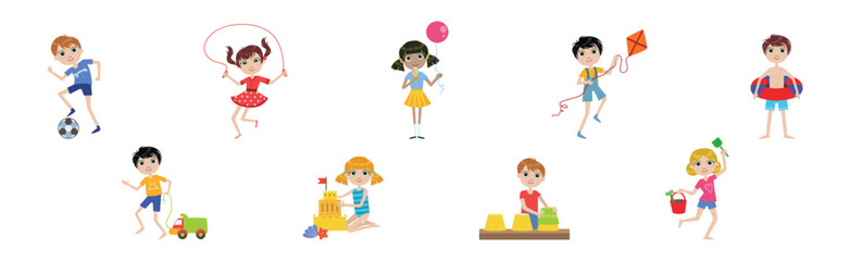 Little Girl and Boy Character Engaged in Different Summer Activity Vector Illustration Set