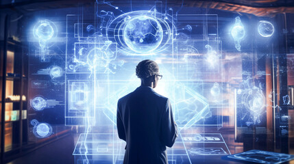 Doctor using digital devices with touchscreen interfaces in a futuristic world for medical research and diagnosis in the digital age connecting global networks of healthcare