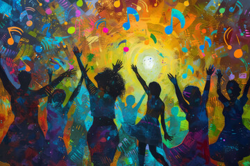 A diverse group of individuals with outstretched arms reaching for whimsical musical notes, embedded in an energetic dance environment illuminated by vibrant stage lights.