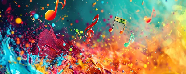 Foto op Canvas An image featuring vibrant music notes in various sizes overlaying colorful splashes of paint in a dynamic composition, with a blurred background addi © mihrzn
