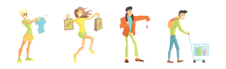 Shopping with Man and Woman Character Choose Things to Buy Vector Set