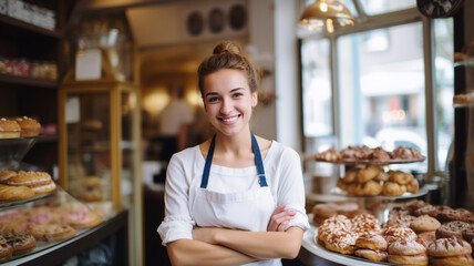 Fototapeta premium young lady baker standing in front of her pastry shop.