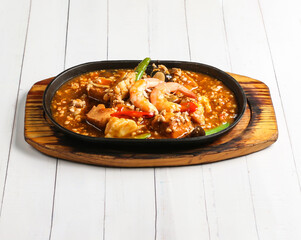 hot plate beancurd tofu shrimp served in dish isolated on table top view of singapore food