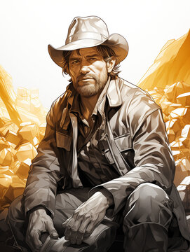 Dessin au trait d'un chercheur d'or du Midwest, figure historique am&eacute;ricaine, m&eacute;lange de noir, blanc et jaune