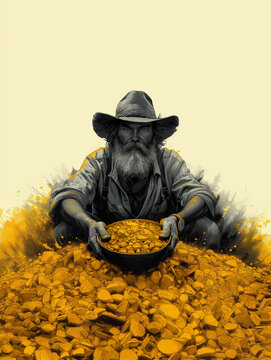 Dessin au trait d'un chercheur d'or du Midwest, figure historique am&eacute;ricaine, m&eacute;lange de noir, blanc et jaune