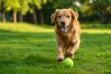 Dog playing with a tennis ball outdoors on a green meadow