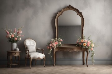 old chair, a mirror and a table with flowers on background of vintage wall