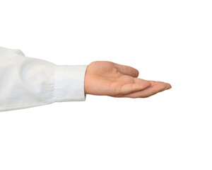 A hand in a white shirt holds something on transparent background - obrazy, fototapety, plakaty