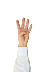 A hand in a white shirt shows four fingers on transparent background