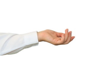 A hand in a white shirt holds something on transparent background