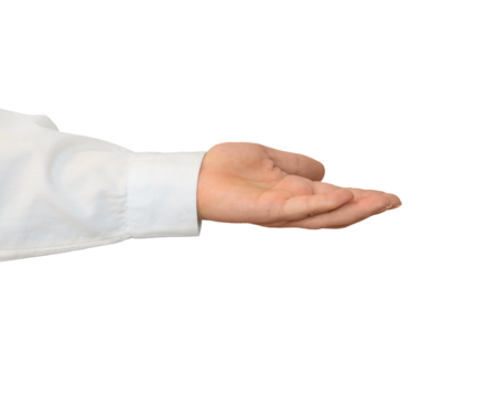 A hand in a white shirt holds something on transparent background