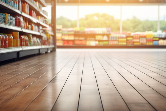 The wooden floor of the supermarket is a picture for displaying products in the supermarket. Ai generate.