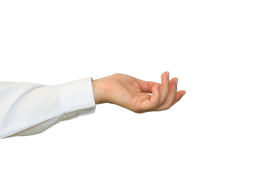 A hand in a white shirt holds something on transparent background