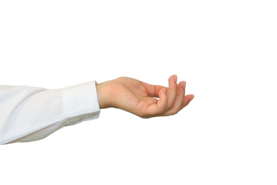 A hand in a white shirt holds something on transparent background