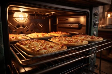 Delicious pizza in the oven, close-up, kitchen or dining room interior