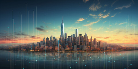 Fototapeta premium City economic system with infographic, decorative stock graphs. Ai generate.