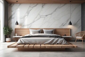 Obraz na płótnie Canvas Modern bedroom interior mock up, wooden rattan bed on empty marble wall background