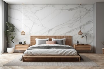 Modern bedroom interior mock up, wooden rattan bed on empty marble wall background