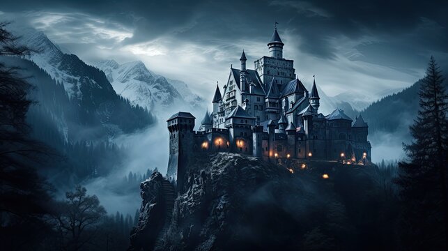 Illustration of Dracula's castle among the mountains, featuring gothic-style architecture and a spooky, mysterious atmosphere.
