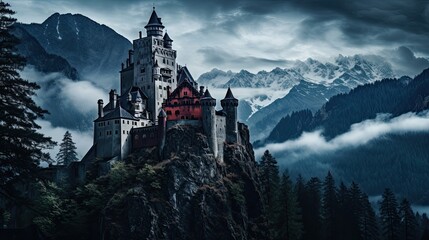 Illustration of Dracula's castle among the mountains, featuring gothic-style architecture and a spooky, mysterious atmosphere. - obrazy, fototapety, plakaty