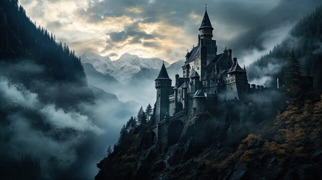 Illustration of Dracula's castle among the mountains, featuring gothic-style architecture and a spooky, mysterious atmosphere.