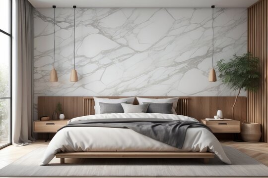 Modern bedroom interior mock up, wooden rattan bed on empty marble wall background