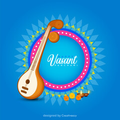  Vasant Panchami is a Hindu festival that celebrates the arrival of spring. The image you sent features a veena, which is a stringed instrument, along with flowers and candles.