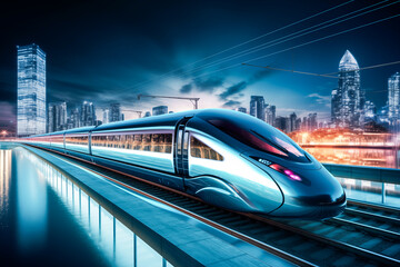 Train moving swiftly through the city at night, carrying passengers on its tracks and platforms, amidst the bustling transportation network, showcasing the vibrancy of urban travel