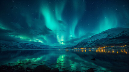 Fototapeta na wymiar Norway tromps go finnmark green northern lights