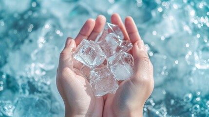 Ice cold hands. Woman hands holding ice cubes - closeup.