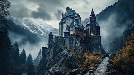 Illustration of Dracula's castle among the mountains, featuring gothic-style architecture and a spooky, mysterious atmosphere.