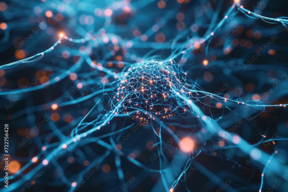 Poster a picture showing an ai neural network, with a sense of technology