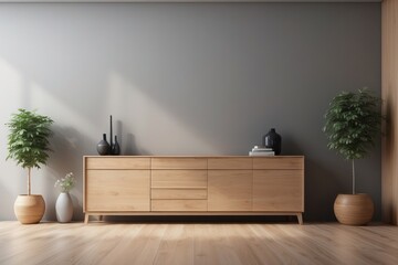 Bright contemporary waiting room interior with wooden sideboard - obrazy, fototapety, plakaty