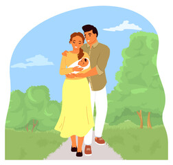 Obraz na płótnie Canvas Happy loving parents walking with infant newborn baby in park