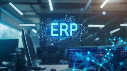 Digital ERP network hologram in blue, modern technology in business