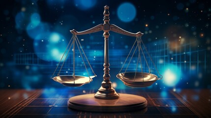 Balanced scales of justice, symbol of law and fairness on blue background - obrazy, fototapety, plakaty