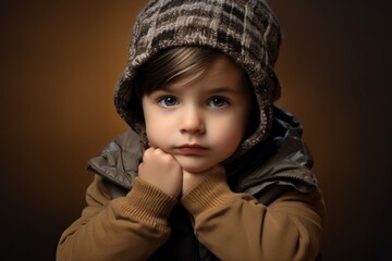 Portrait of a cute little boy in a warm jacket and hat