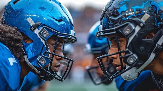 Ahead of a play in the championship game, American football players exchange glances.