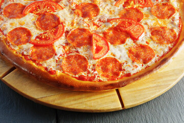 Delectable Pepperoni and Tomato Pizza on Wooden Board