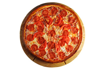Delectable Pepperoni and Tomato Pizza on Wooden Board, isolated on a white background