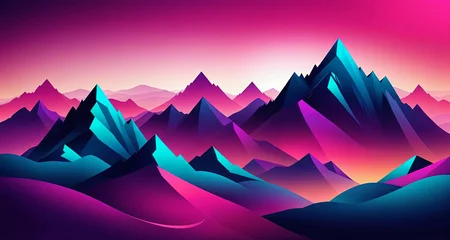 Schilderijen op glas Vibrant Abstract Geometric Shapes and Mystical Mountains on Colorful Gradient Background Gen AI © Ian
