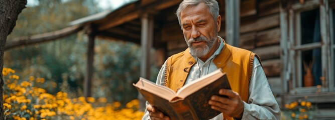 A priest, reverend, or clergyman reading from a bible while donning a clerical collar. A preacher sharing the gospel in front of an antiquated, rural, and rustic church