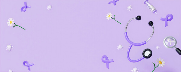 purple ribbon with flowers and space for world Cancer Awareness Month and World Cancer Day banner background design in 3D illustration.