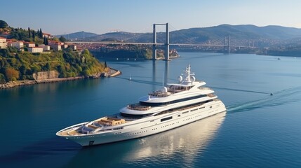 Fototapeta premium A modern, white cruise ship near the pier, side view. Travel and vacation