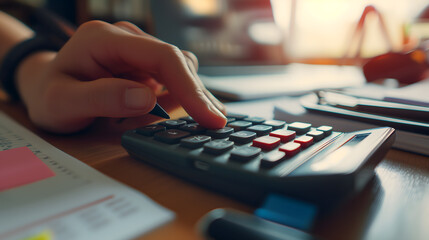 a hand using a scientific calculator on a wooden desk, with the focus on the fingers pressing the buttons - obrazy, fototapety, plakaty