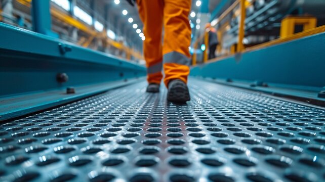 Large industrial building with perforated tray metal wireway cable duct rail installed by construction engineer builder. metal sheet manufacturing plant