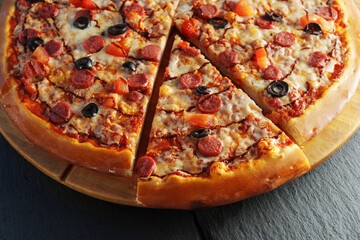 Pepperoni Pizza Perfection on Wooden Platter, close up