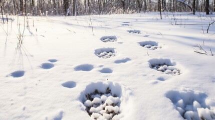 Footprints in the snow in the winter forest. Shallow depth of field.