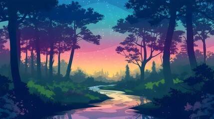 Enchanted Twilight Forest with Starry Sky